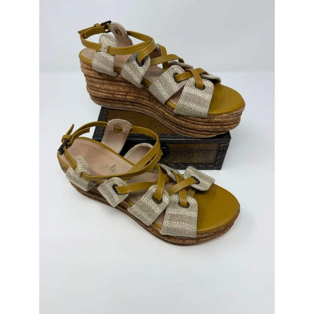 Free People Mustard Yellow Leather Cork Platform Wedge Sandals Made in Spain 6.5